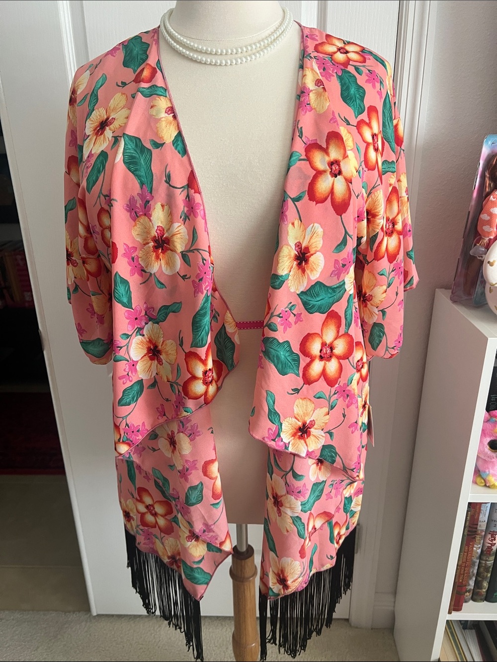 LuLaRoe Pink Floral Fringe Open-Front Duster